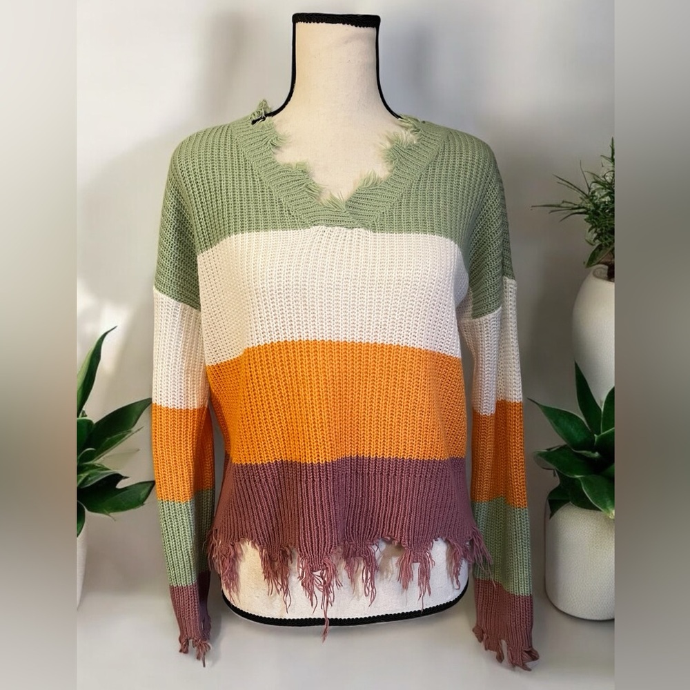 Jolie & Joy V-neck, Long-slv, Striped Sweater With Fringe, Size Medium